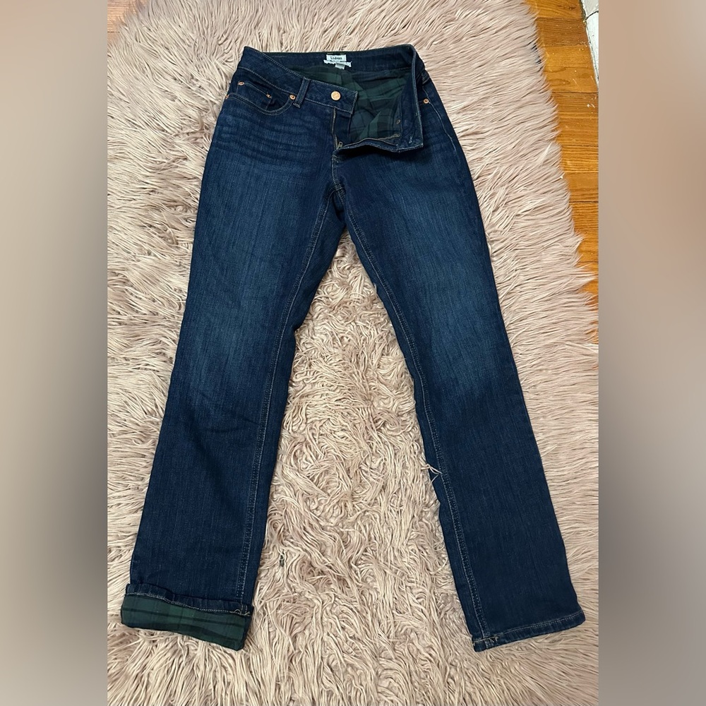 LL Bean Flannel Plaid Lined Denim Dark Wash Jeans Women's Size 2Regular
